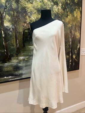 Nicole Miller One-Shoulder Dreamy Ivory Chifgon/ Satin Dress with Long Sleeve